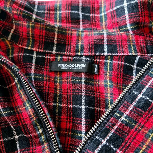 Plaid Shirt Pink + Dolphin MEDIEVAL PLAID ZIPUP Red Small partial sleeve zippers - Picture 14 of 14